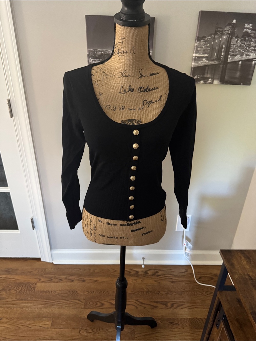 L'AGENCE Black Scoop-Neck Long Sleeve Top with Gold Buttons